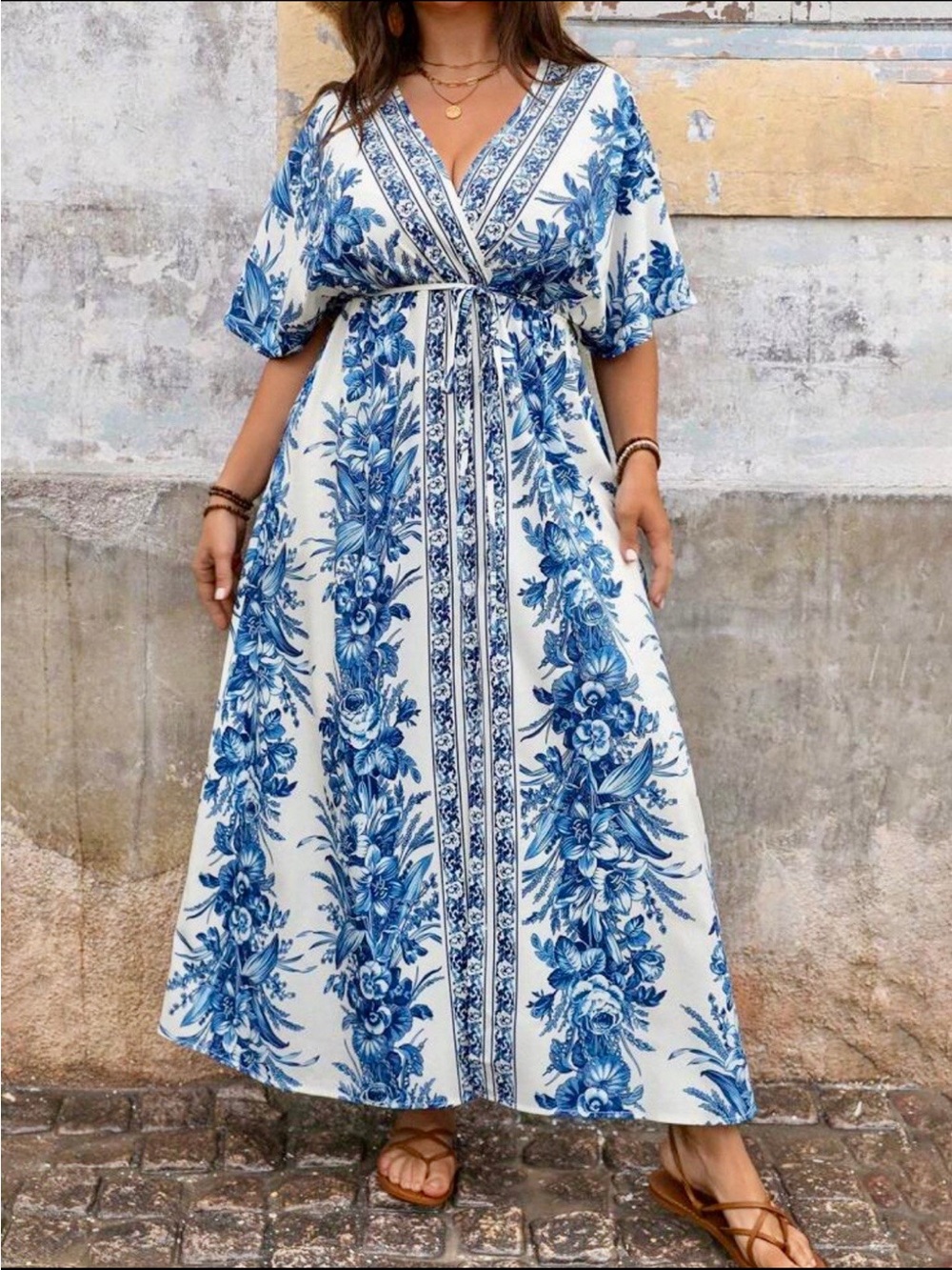 SHEIN -EMERY ROSE Blue White Floral V-Neck Maxi Dress 3XL